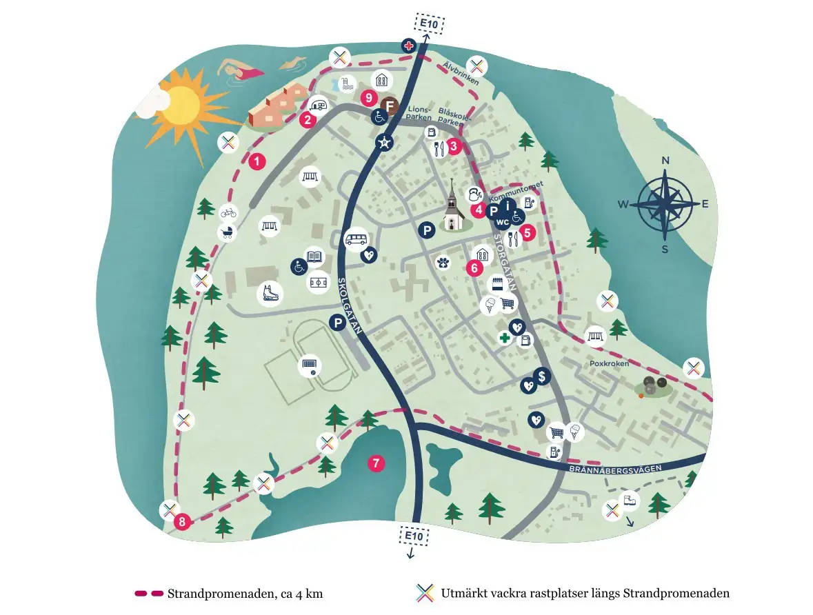 Grafisk karta över Överkalix centralort med vägar och promendstråk utmärkta